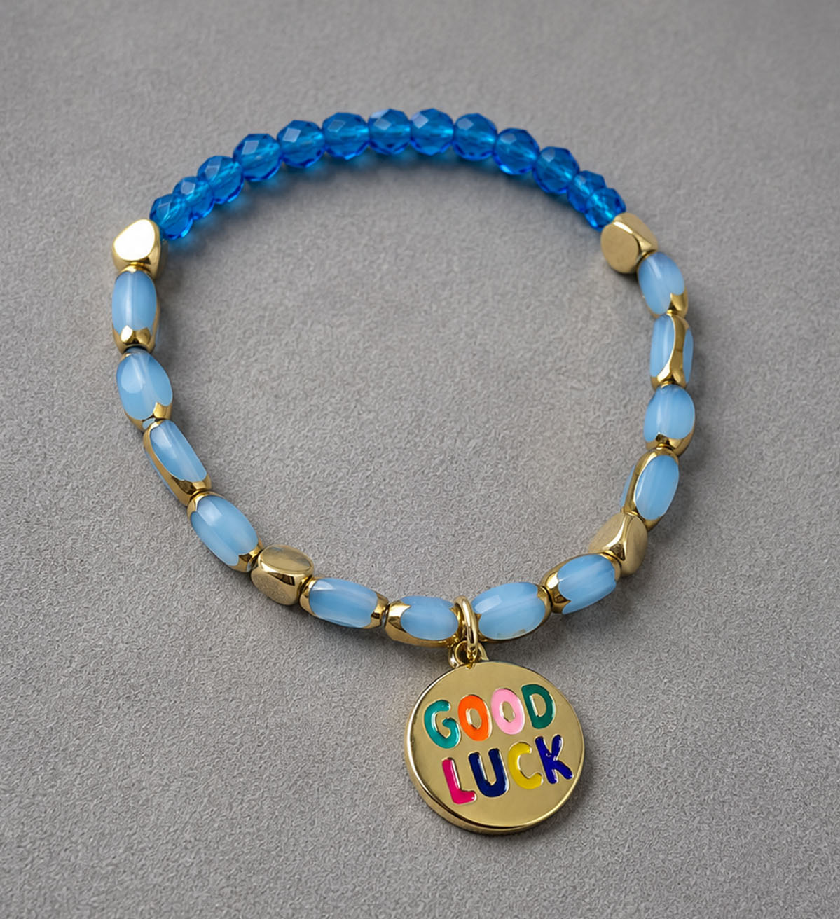 Pulsera Cristales Celestes Elastizada dije GoodLuck Oro 18k