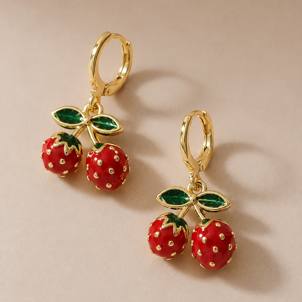 Pendientes colgantes de fresa esmaltados enchapados en Oro 18k