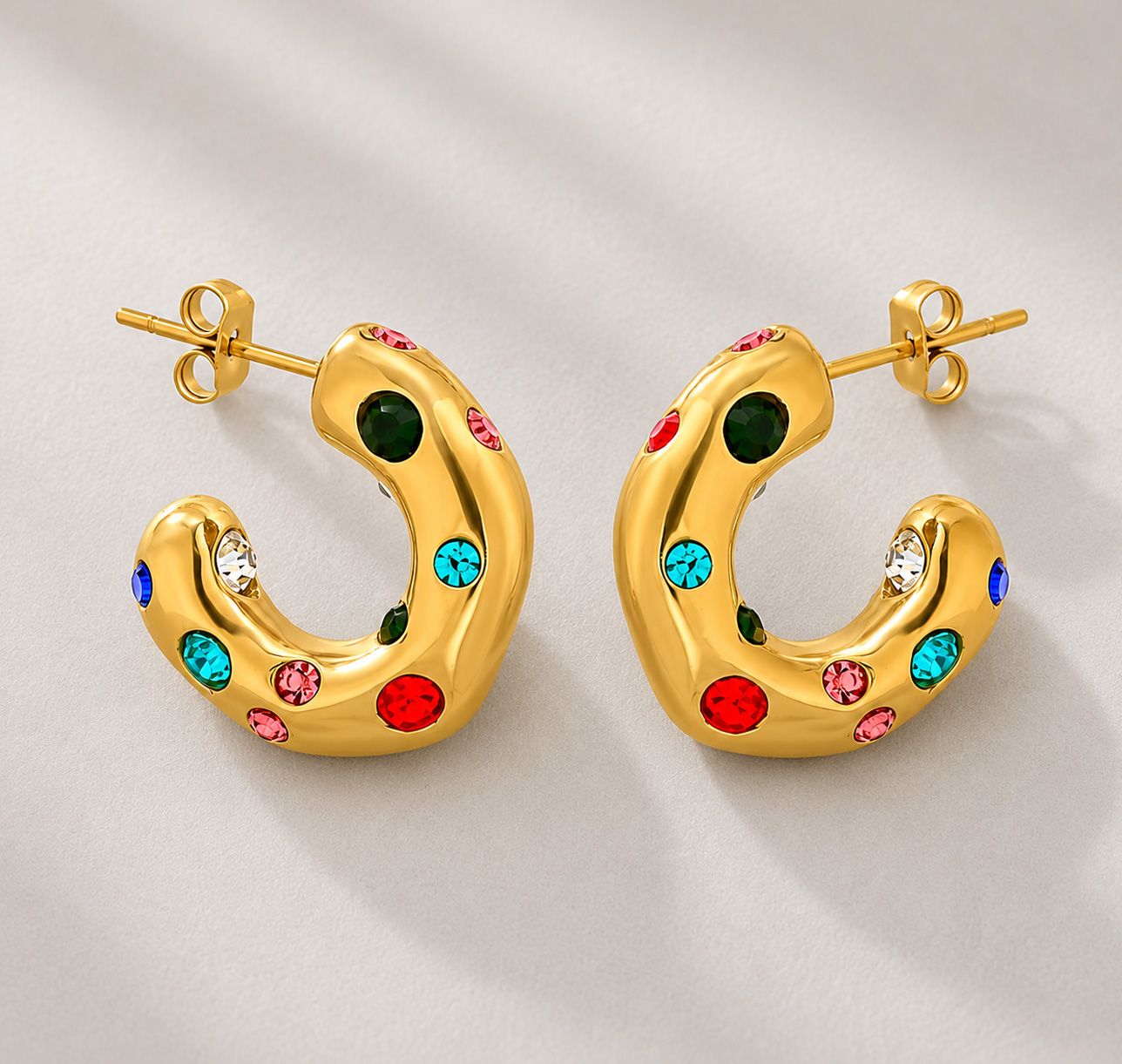 Aros Acero Inoxidable Enchapados Oro 18k y Piedras Cubic Zirconia