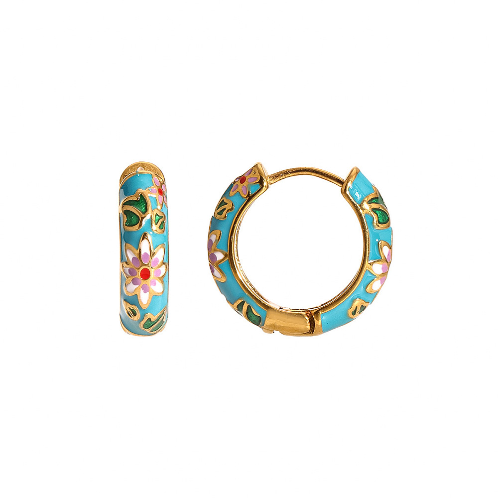 Aros Acero Esmaltado Floral Turquesa