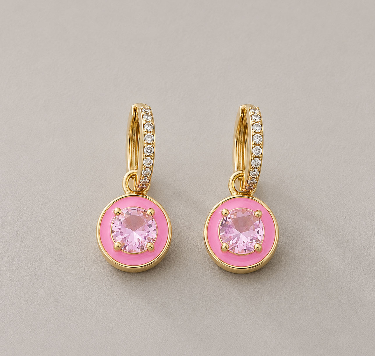 Aro Acero Argolla con Dije Colgante Cubic Zirconia- Rosa