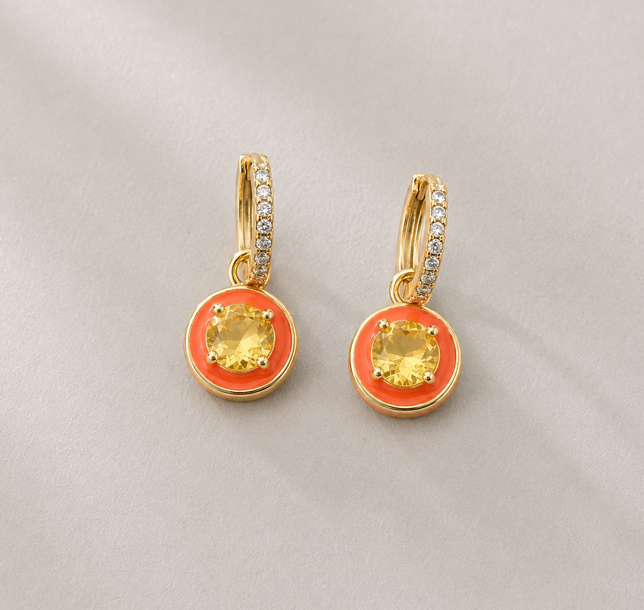 Aro Acero Argolla con Dije Colgante Cubic Zirconia- Naranja