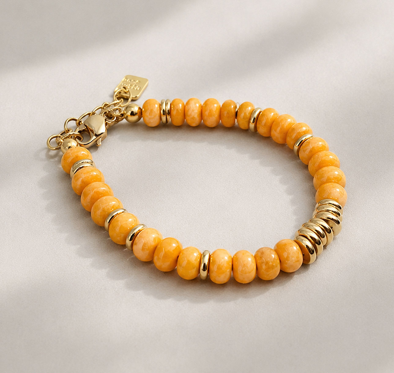 Pulsera de piedras Jade Natural y Acero Oro 18k Naranja Oscuro