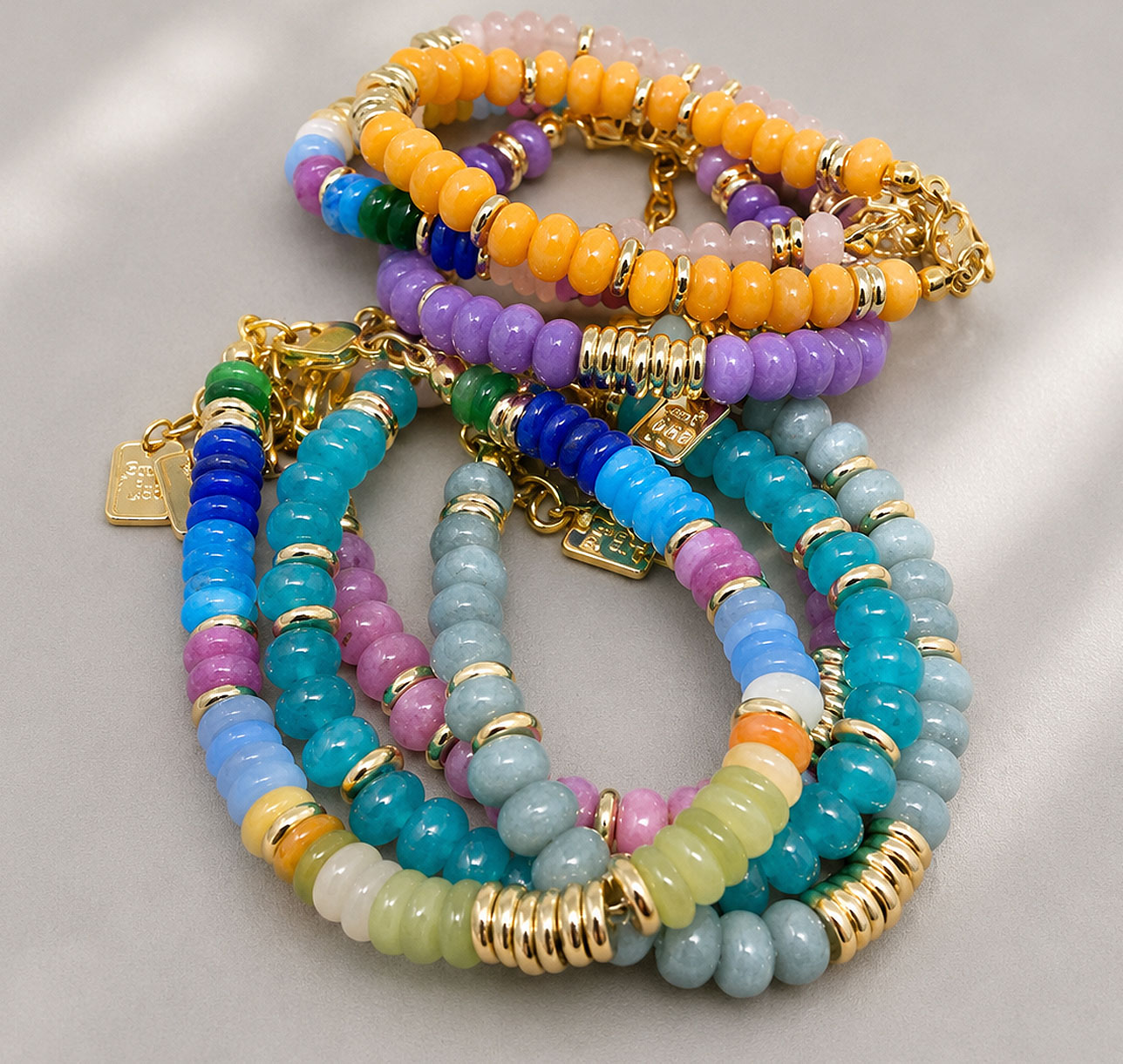 Pulsera de piedras Jade Natural y Acero Oro 18k Naranja Oscuro
