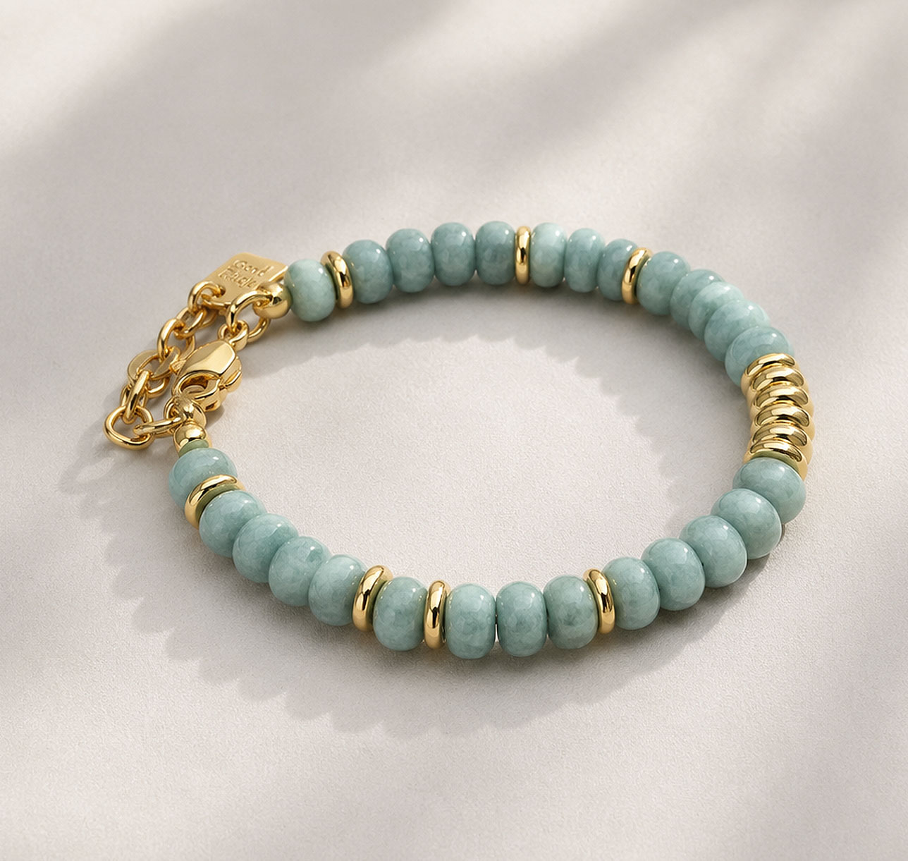 Pulsera de piedras Jade Natural y Acero Oro 18k Verde/Celeste