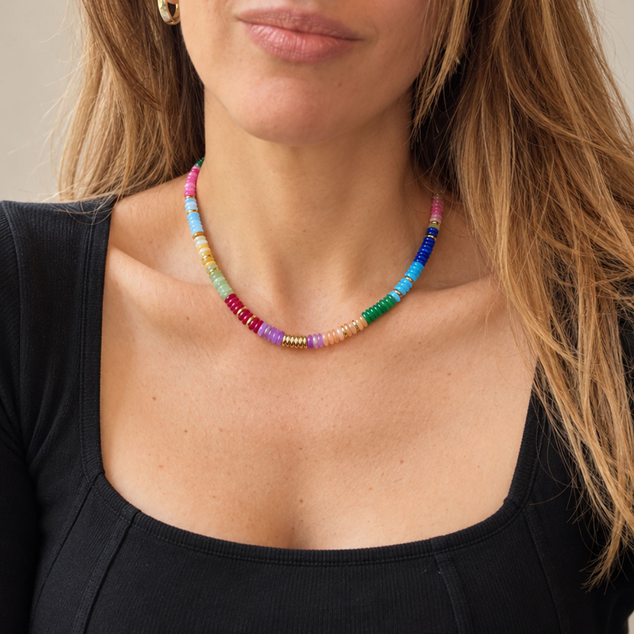 Collar de piedras Jade Natural y Acero Oro 18k Multicolor