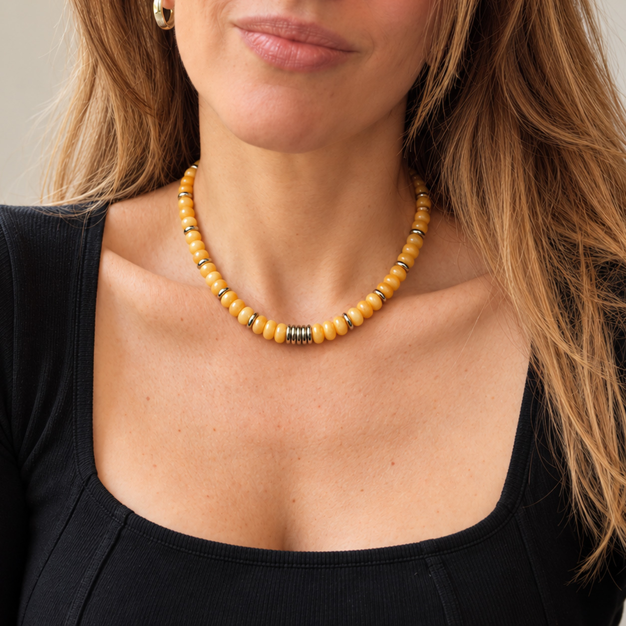 Collar de piedras Jade Natural y Acero Oro 18k Naranja Oscuro